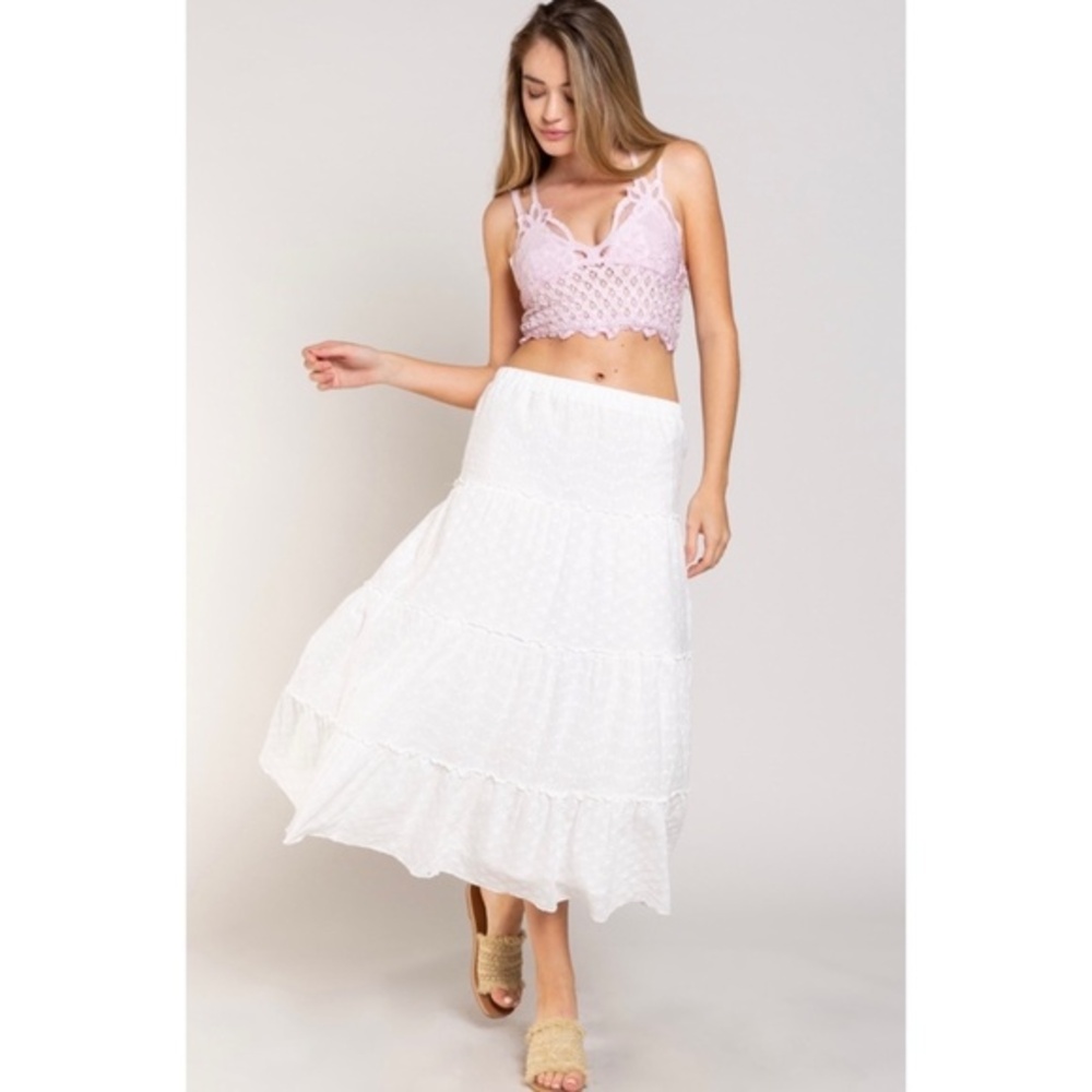 POL White Embroidered Eyelet Tiered Mid Skirt